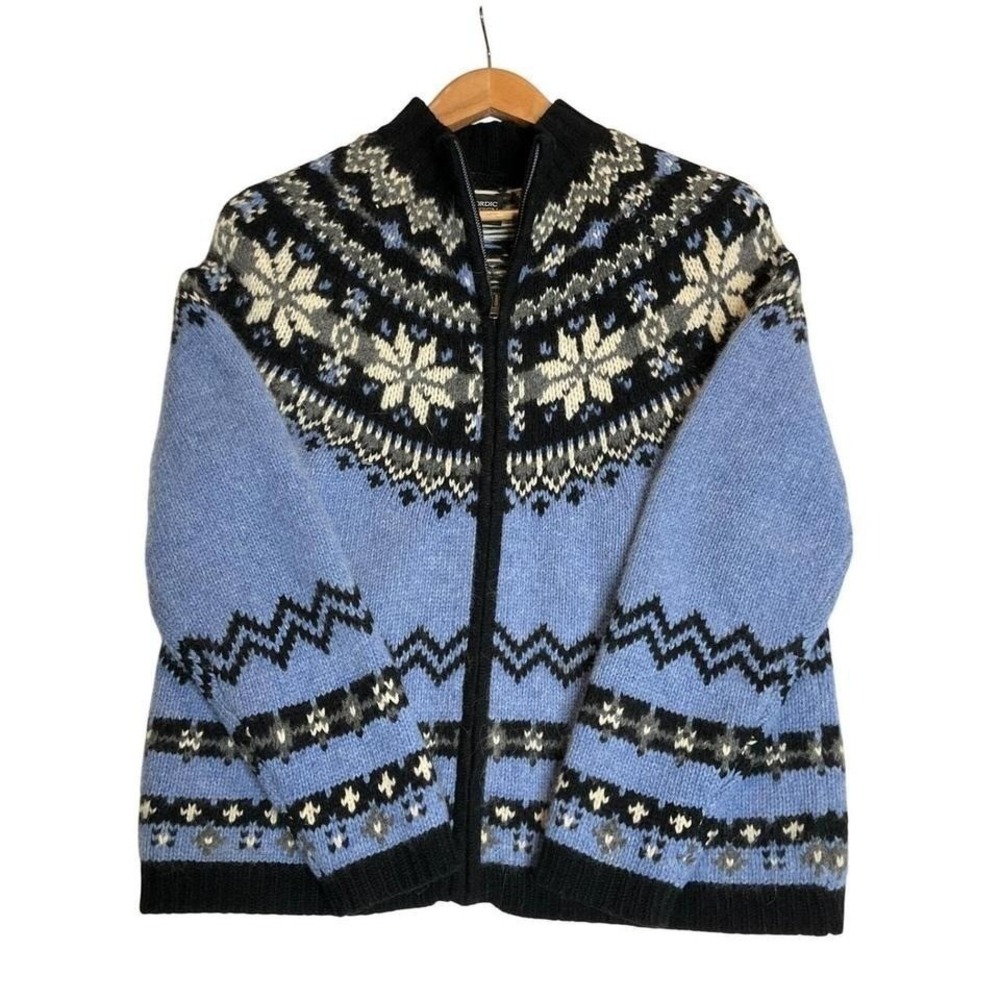 Nordic Design‎ Fair Isle Cardigan Sweater Lambs Wool Angora Rabbit Blue Zip Up M
